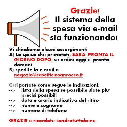 GRAZIE A VOI! IL SISTEMA STA FUNZIONANDO! 
MA RICORDA SE ORDINI OGGI LA SPESA E' PRONTA DOMANI.